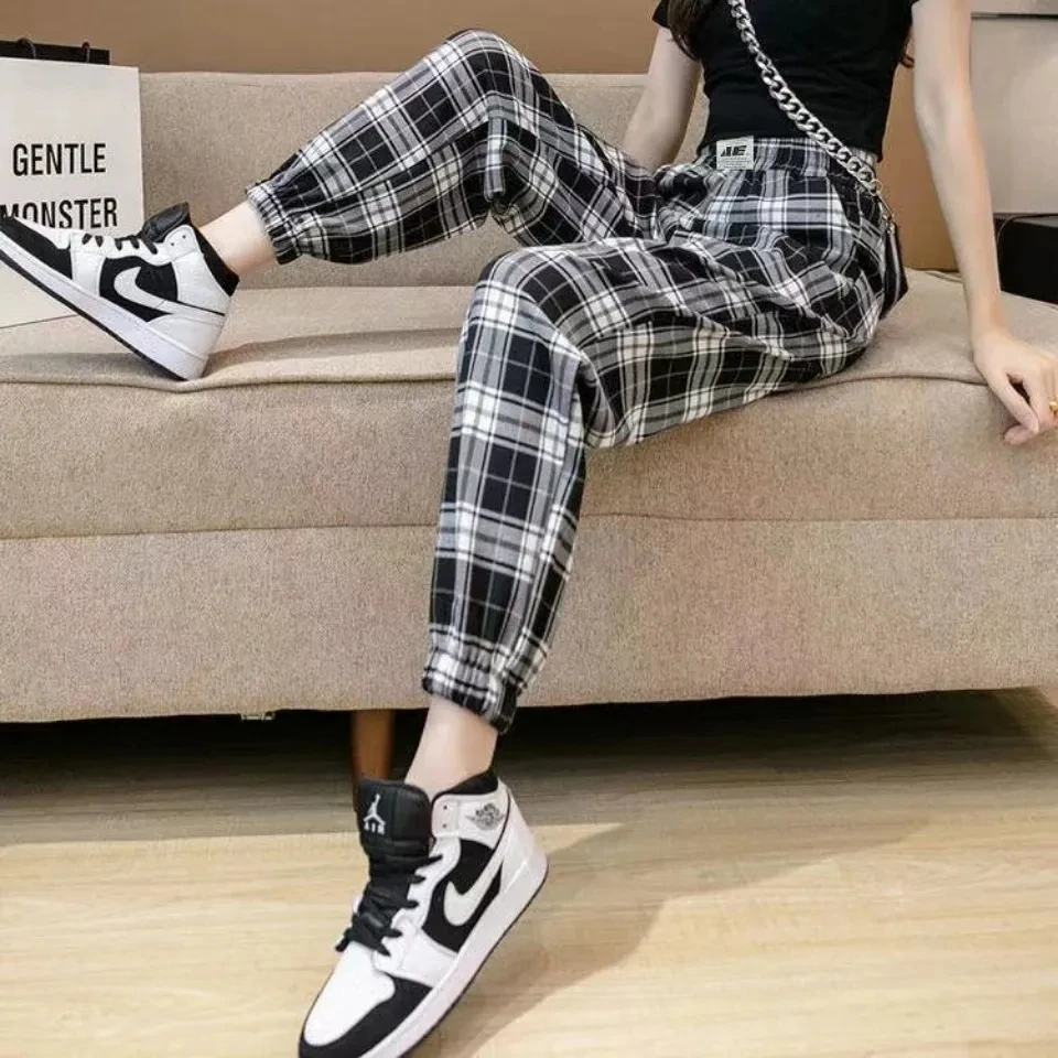 网红薄款黑白格子哈伦裤女夏季韩版宽松显瘦学生哈伦九分休闲裤子