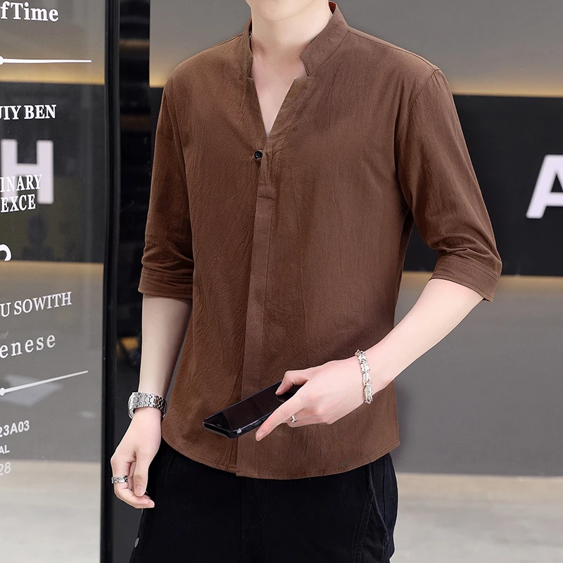 夏季男士新中式中袖国风衬衫衬衣休闲薄款宽松立领五分袖