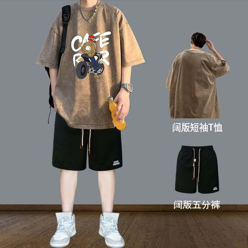 港风运动套装男士夏季短袖t恤新款潮牌宽松纯棉水洗做旧美式复古