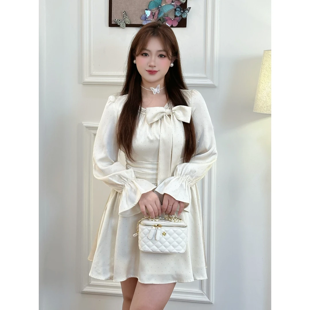 微胖法式纯欲辣妹长袖连衣裙富家千金收腰显瘦a字短裙9929