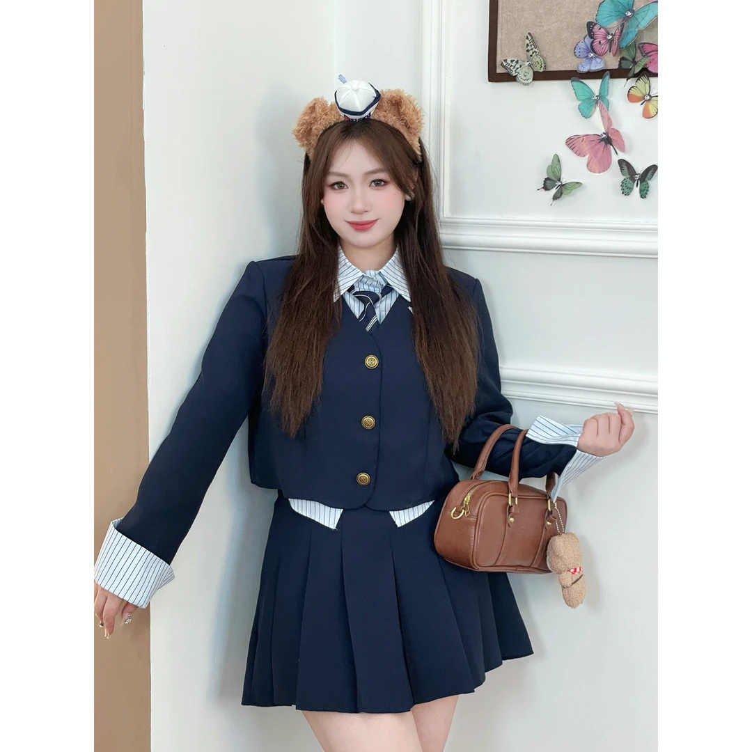 大码学院风假两件短款西装外套显瘦半身裙两件套套装8454