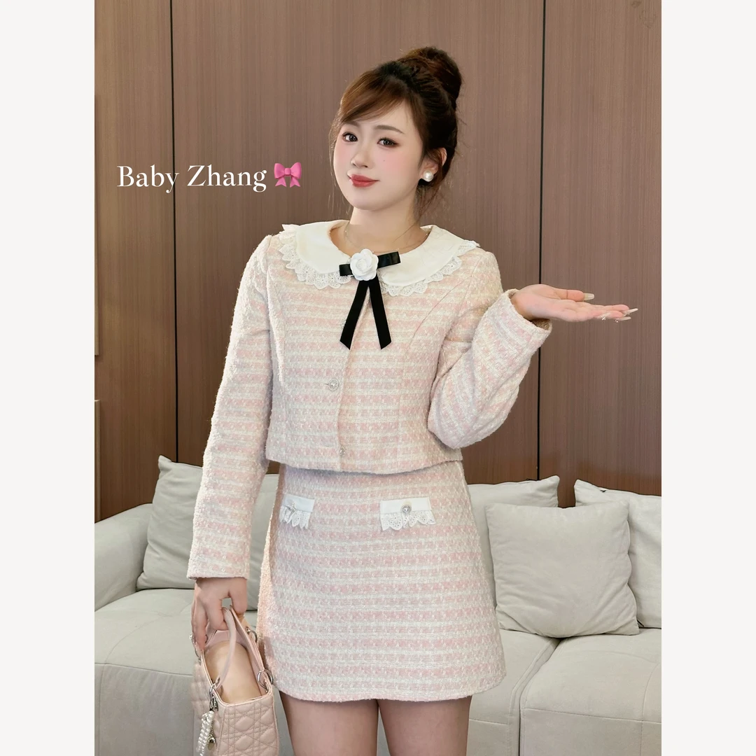 微胖酒心甜樱收腰显瘦长袖小众长短裙气质甜美套装10095