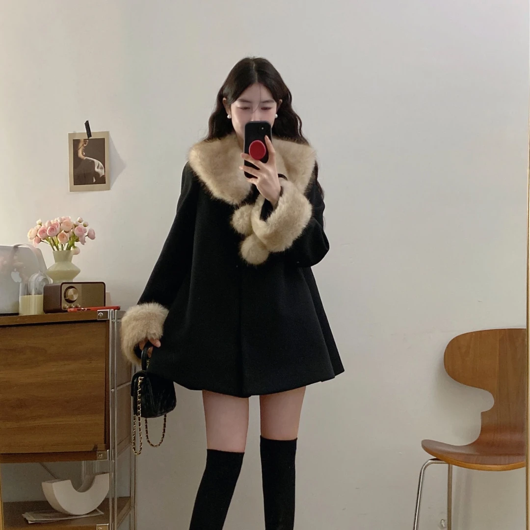 大码黑色毛绒领外套女装秋冬加厚韩系复古法式气质毛呢大衣10448
