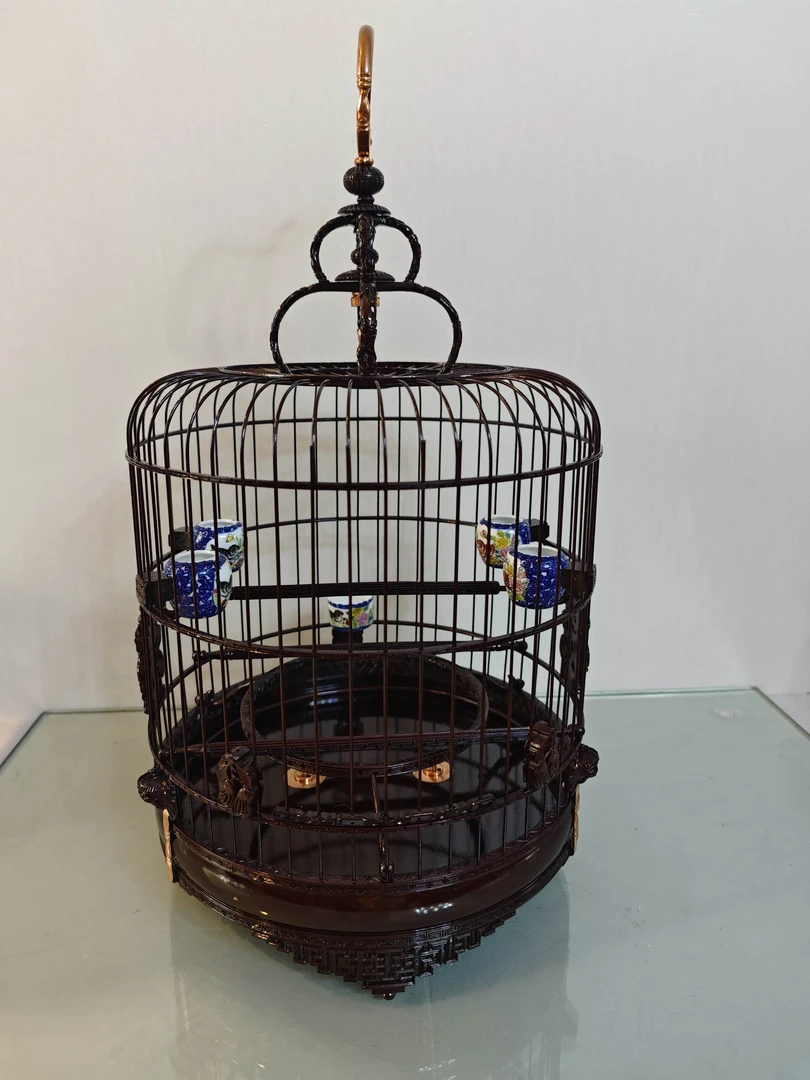 金青绣眼鸟笼子52枝精工万字直径24.3笼身净高25纯手工雕刻