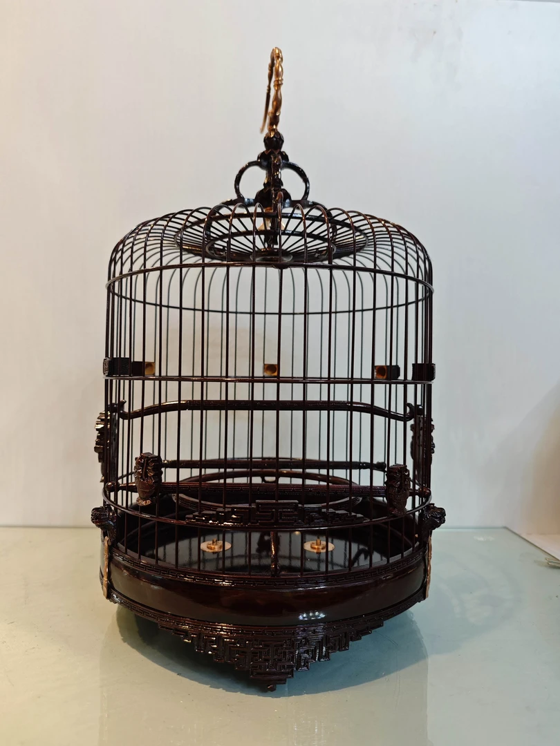 金青绣眼通用型鸟笼纯手工雕刻万字花蓝顶老狮头直径24.3净高25