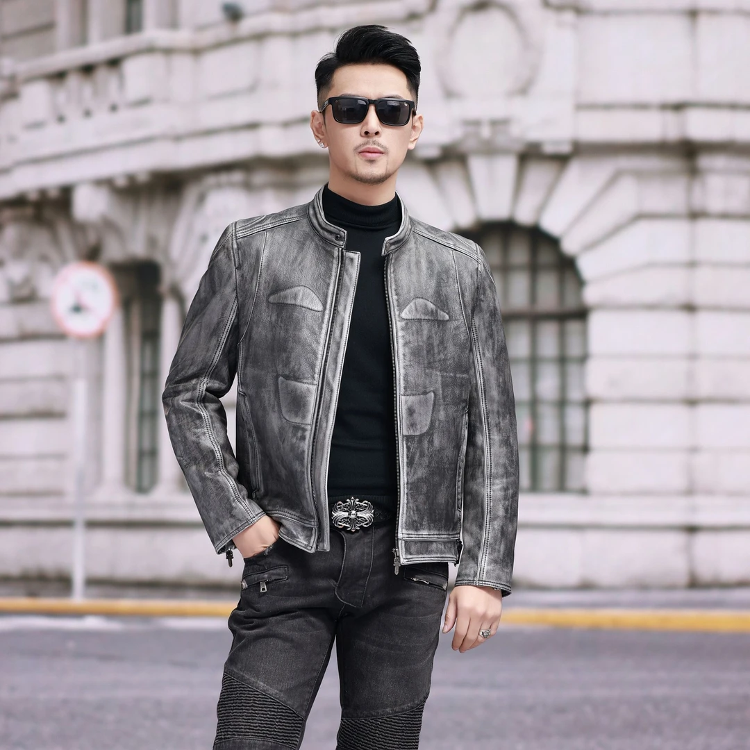 【BALUNXI】男士立领牛皮外套手工擦色复古时尚百搭TX24107