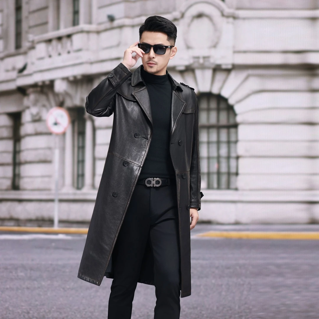 【BALUNXI】高级感男士皮衣外套中长款春秋风衣商务轻熟23285