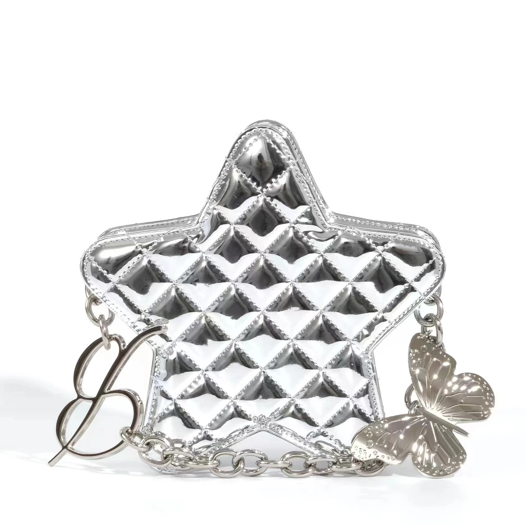 2025新款小香风五角星星包单肩手提斜挎女包菱格网红韩版银色洋气