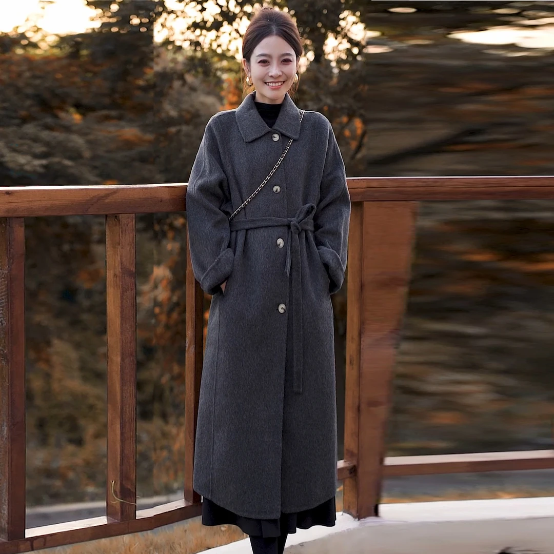 气质慵懒呢外套2023秋冬季新款洋气显瘦中长款系带双面羊毛大衣女