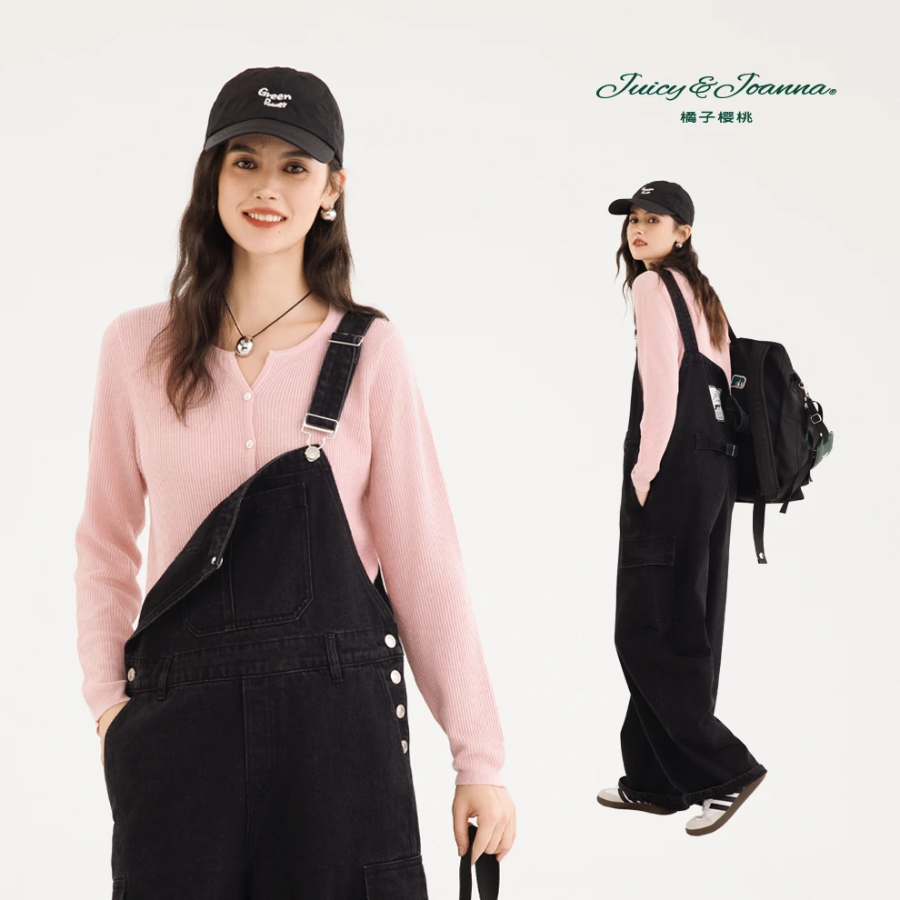 JUICY&JOANNA/橘子樱桃黑色水洗牛仔背带裤