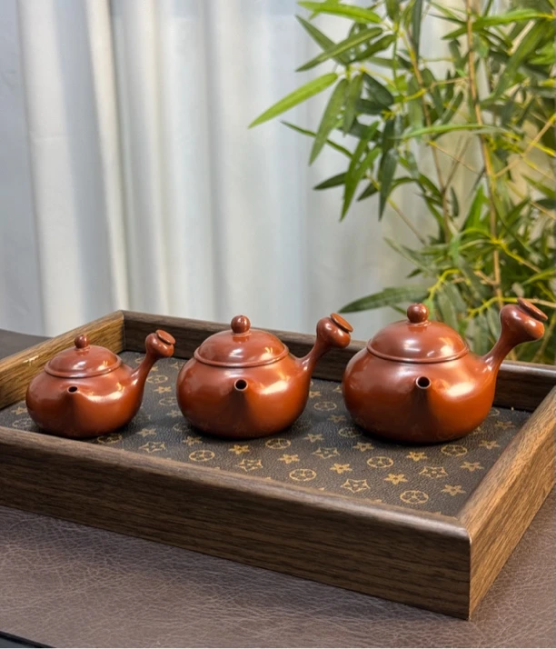 侧把壶全手工潮州陶瓷水平壶手拉壶老朱泥薄胎水磨工艺小品壶潮汕