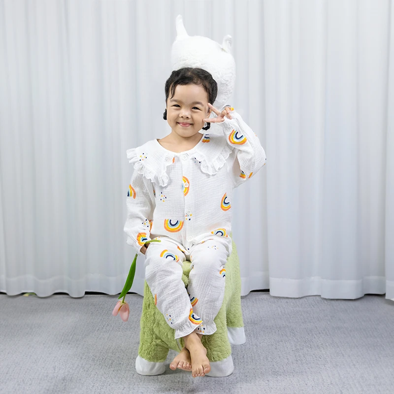 2024春秋儿童双层棉纱睡衣男童女童宝宝家居服卡通长袖开衫套装