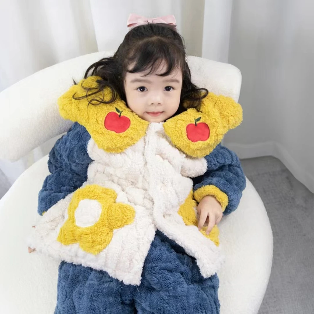 时尚女孩保暖家居服套装女童优质加绒加厚款冬季三层夹棉儿童睡衣