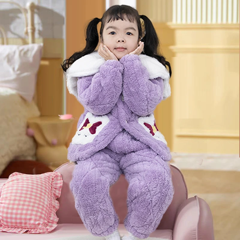 女童新款三层夹棉加绒加厚宝宝珊瑚绒睡衣卡通女孩家居服保暖套装