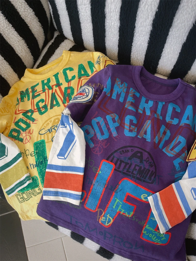 新款 DD 假两件 拼色圆领 印花贴布 宽松 长袖 儿童T恤