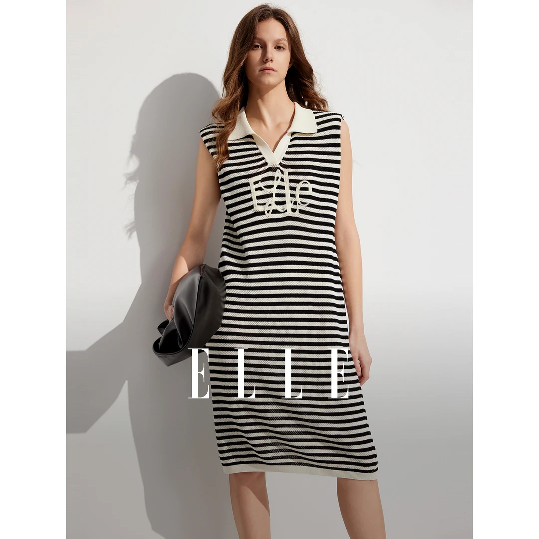 ELLE条纹休闲宽松连衣裙2024夏季新款风感波粒高贵小个子EL48210