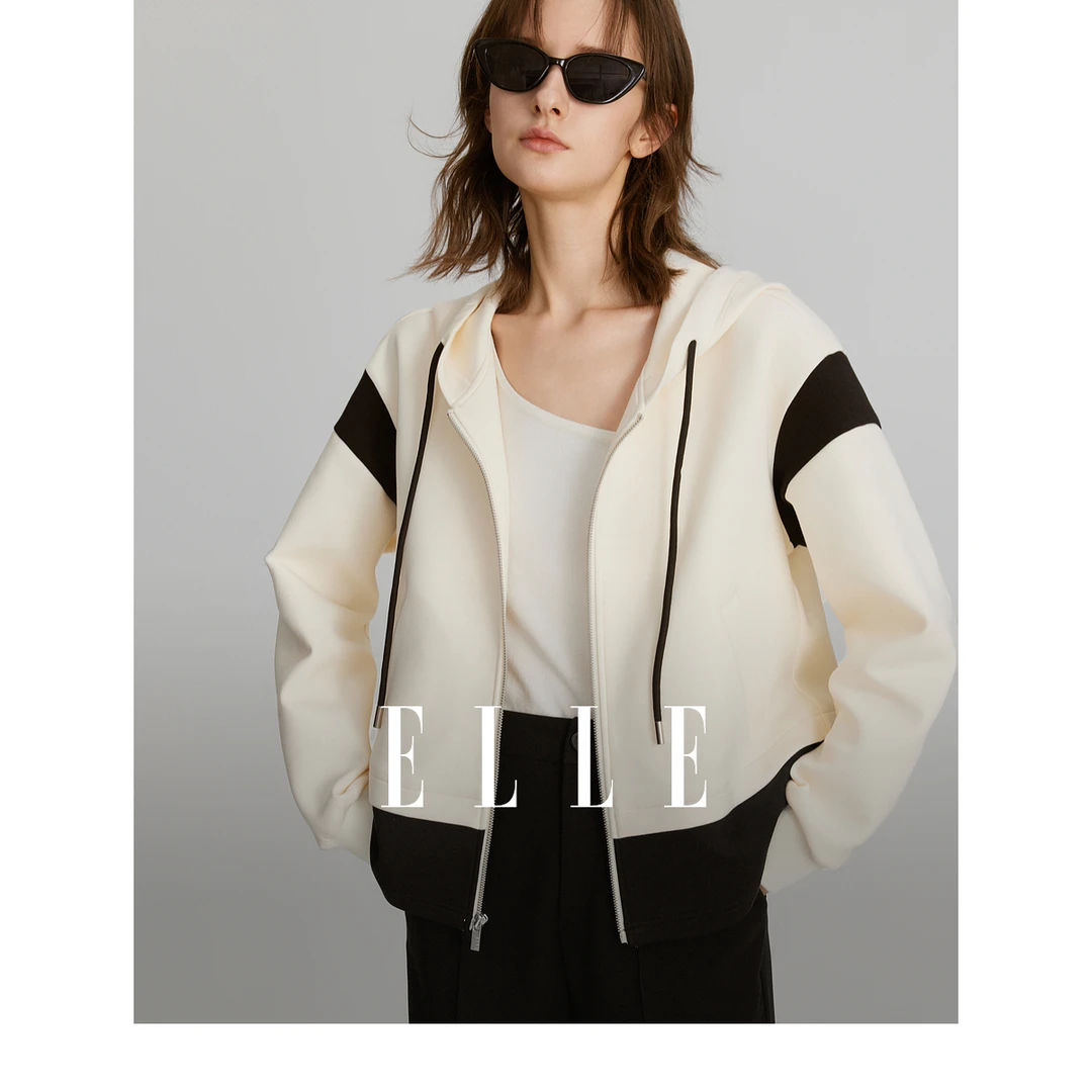 【王雪糕专属】ELLE休闲连帽外套春款拼接撞色运动服EF47219