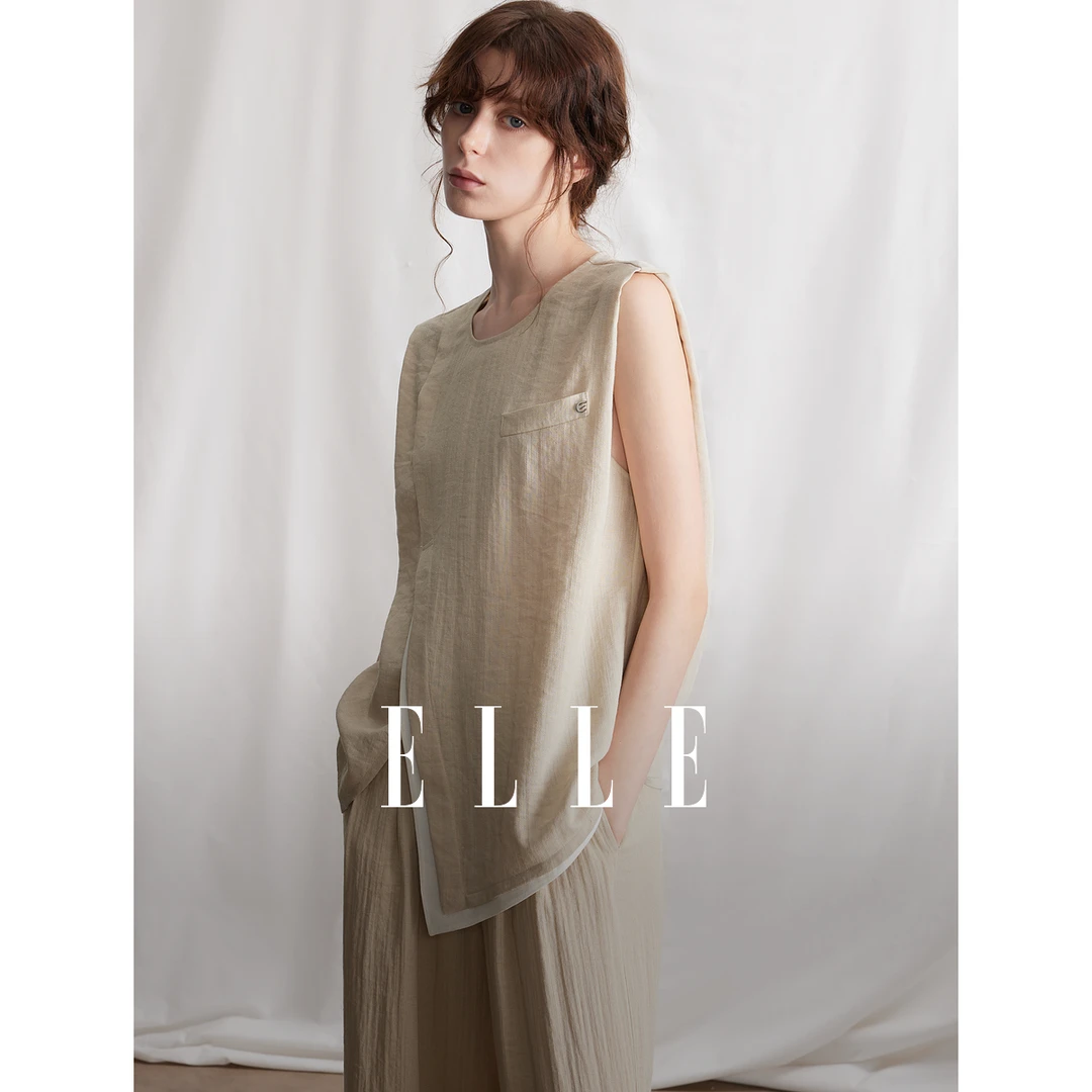 ELLE高级感新中式无袖圆领衬衫女24夏季新款小众开叉上衣EM48727