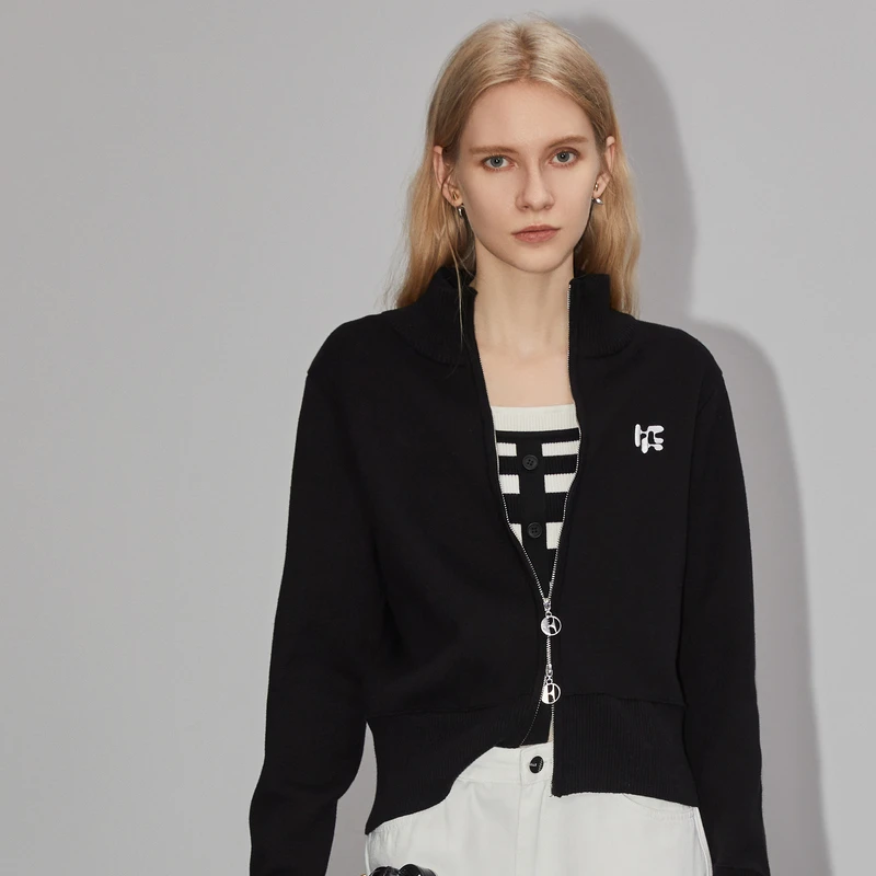 【大叔女装】ELLE经典秋冬黑色休闲长袖撞色毛针织衫EZ35408