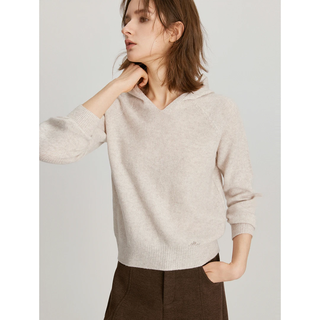 ELLE时尚休闲纯色长袖针织衫2025春新款百搭宽松连帽上衣-EZ37820