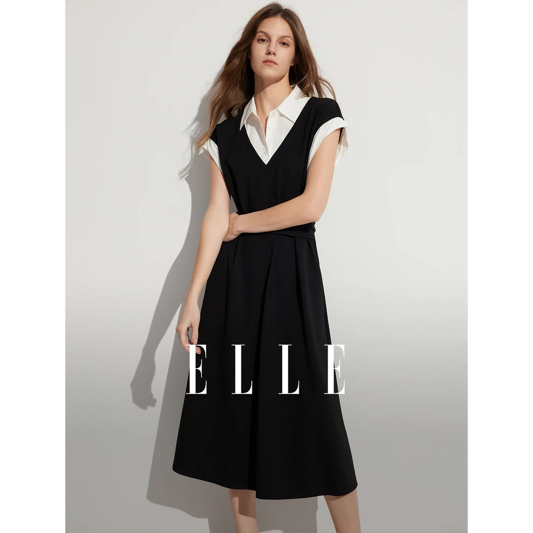 【大叔女装】ELLE法式假两件衬衫式连衣裙2024夏新款中长款EL48468