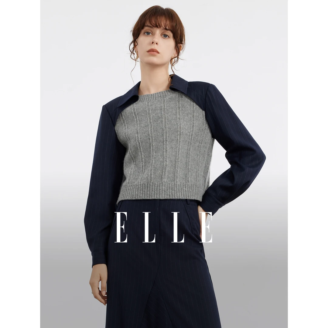 ELLE法式设计感拼接撞色套头毛衣女2024冬装新条纹雅丹风EM49803