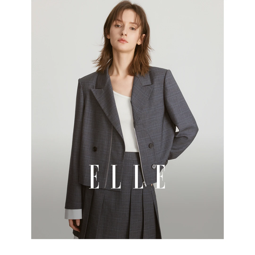 ELLE灰色气质短款西装女外套2025春季新款设计感西服上衣EX47438