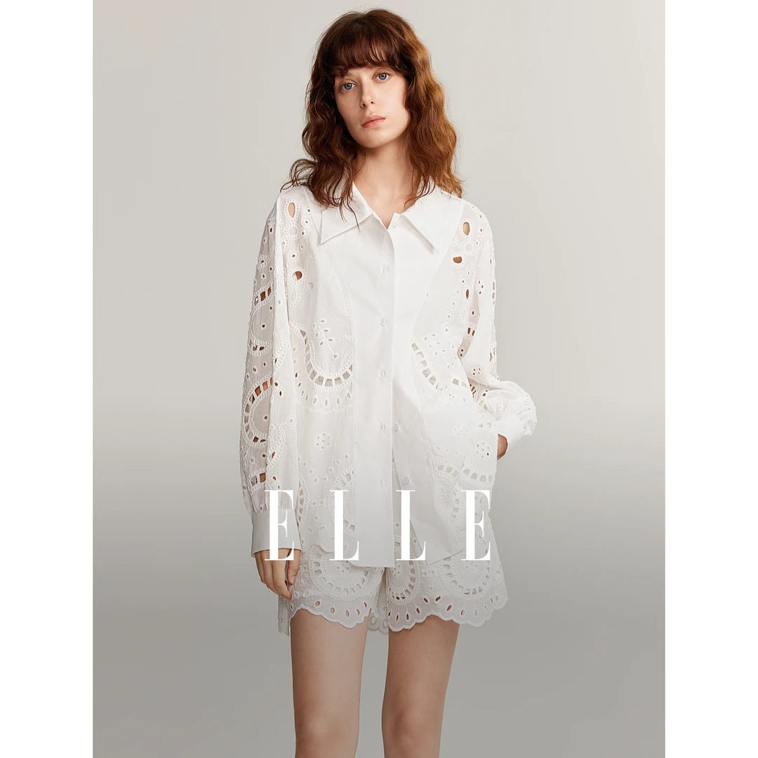 ELLE气质镂空法式衬衫2024夏季新款风感波粒长袖时尚百搭EC48742