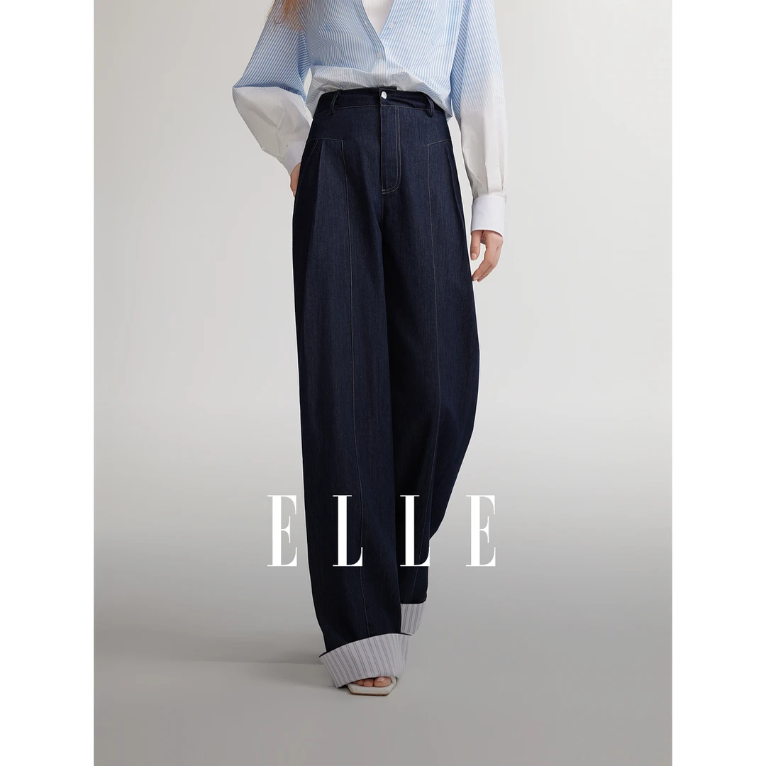 ELLE撞色设计感显瘦牛仔裤2025春季新款尤莱特百搭复古EQ49024