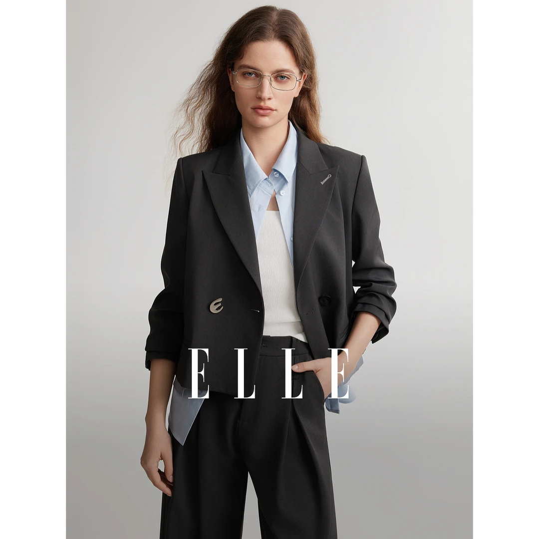 【丽公主专属】ELLE气质短款西装外套24秋新风感波粒时尚EX48785