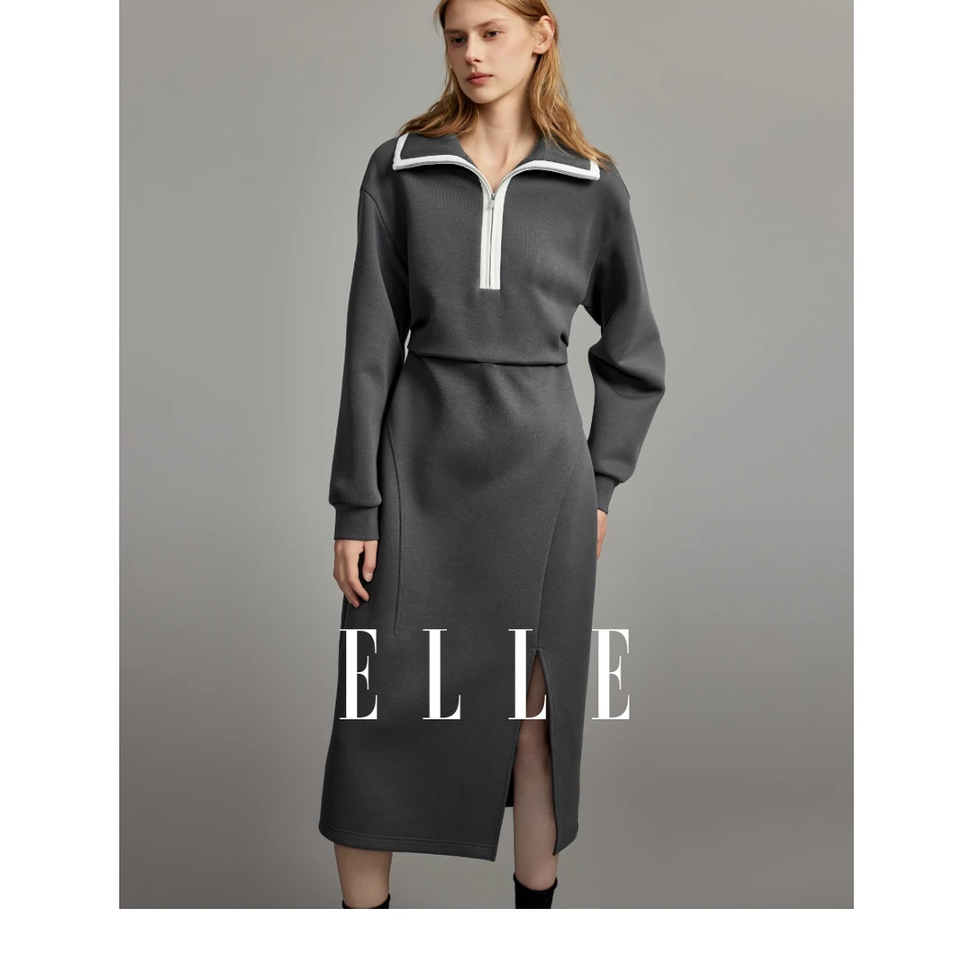 【赵老板专属】ELLE时尚轻奢连衣裙24春款收腰显瘦开叉裙子EL36873