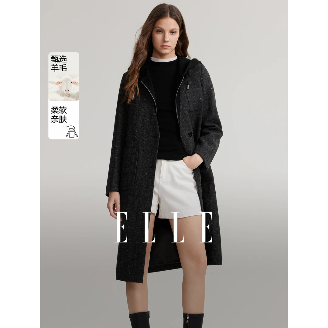 ELLE假两件保暖优雅女装外套2025春季新款雅丹风休闲连帽EF49628
