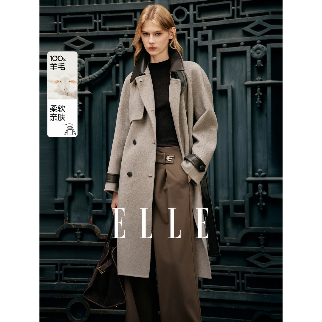 【100%绵羊毛】ELLE法式皮革拼接毛呢外套女2024冬季新款EN49678