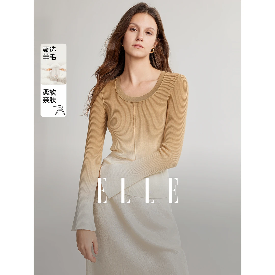 ELLE渐变修身长袖毛衣2025春季新款风感波粒圆领百搭时尚EM49503