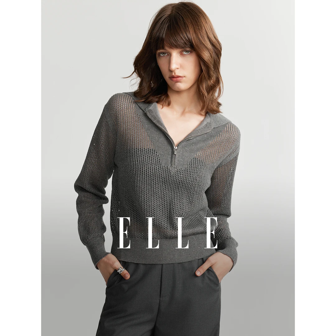 ELLE长袖镂空设计感毛针织衫2024夏季新款风感波粒时尚EZ48735