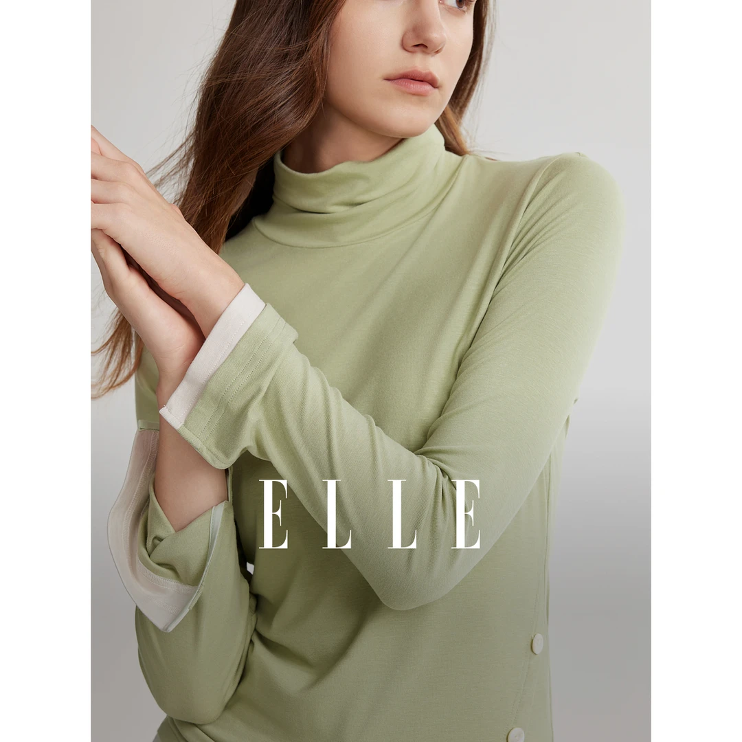 ELLE不规则简约纯色T恤2025春季新款风感波粒长袖百搭紧身ET49433