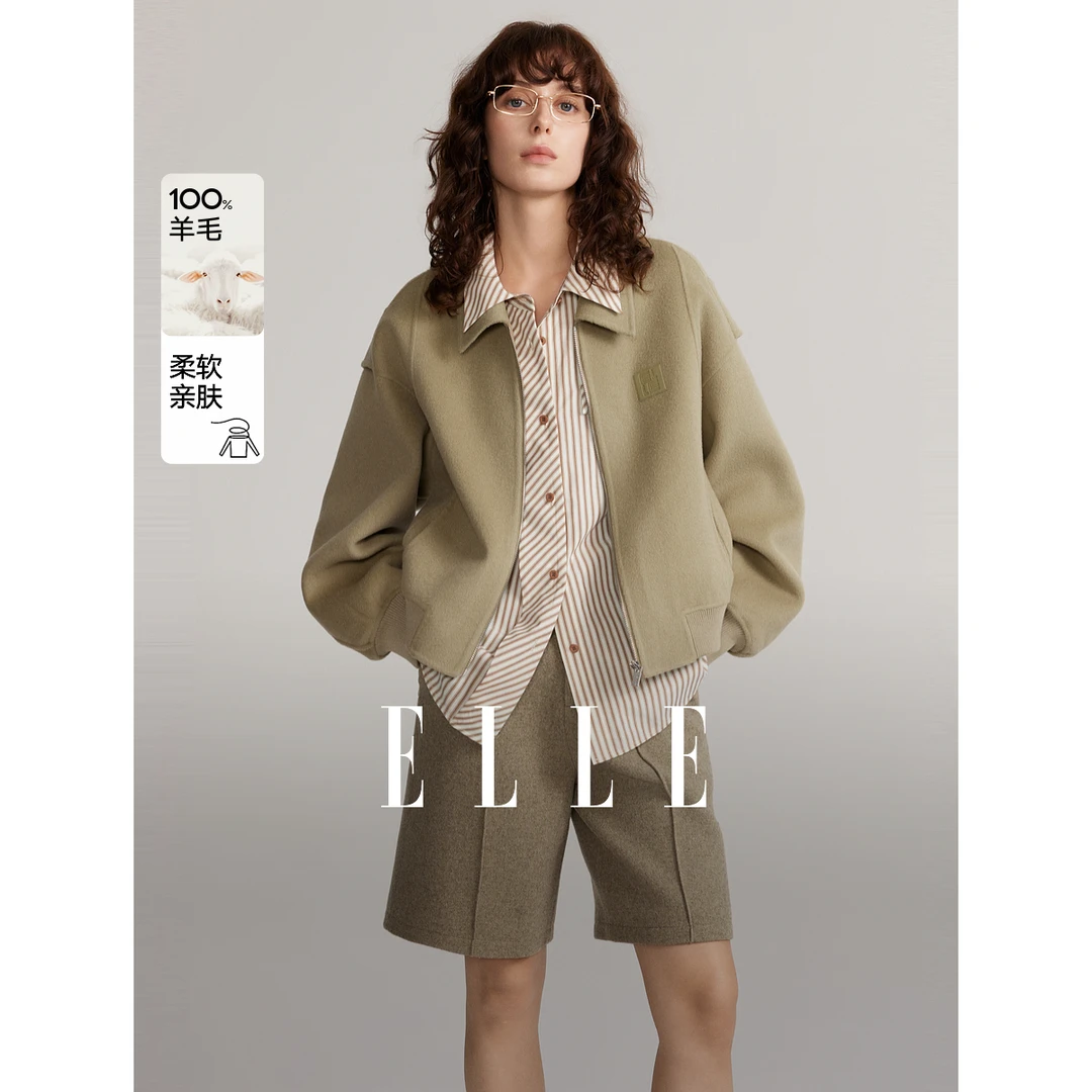 ELLE优雅气质简约毛呢外套2024冬季新款雅丹风短款复古EN49621