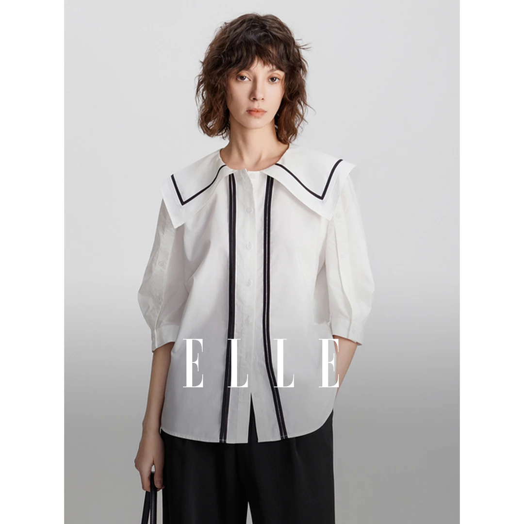 ELLE气质白色衬衫2024夏季新款减龄衬衣百搭小众翻领上衣-EC47468