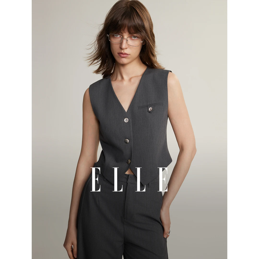 【李易行专享】ELLE修身显瘦马夹24夏新款风感波粒时尚通勤EB48159