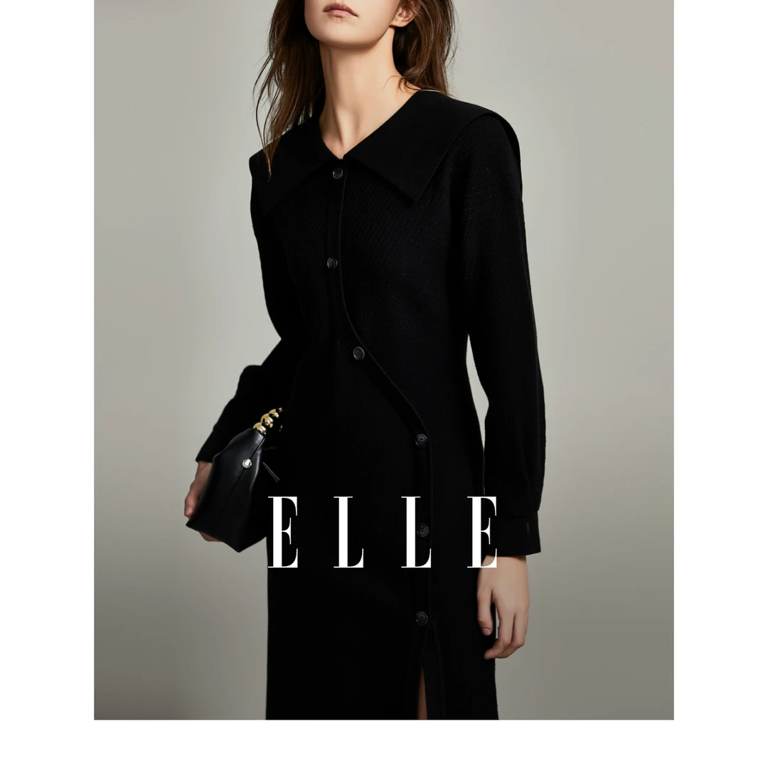 法式高级感黑色连衣裙2023女秋冬新款气质显瘦连衣裙-EL36645