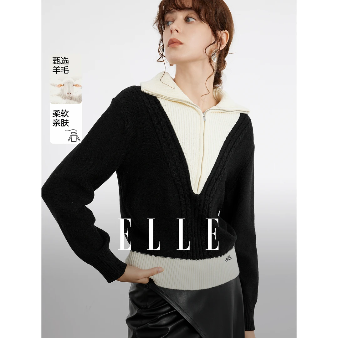 ELLE撞色简约气质毛针织衫2024冬季新款雅丹风长袖柔软EM49866