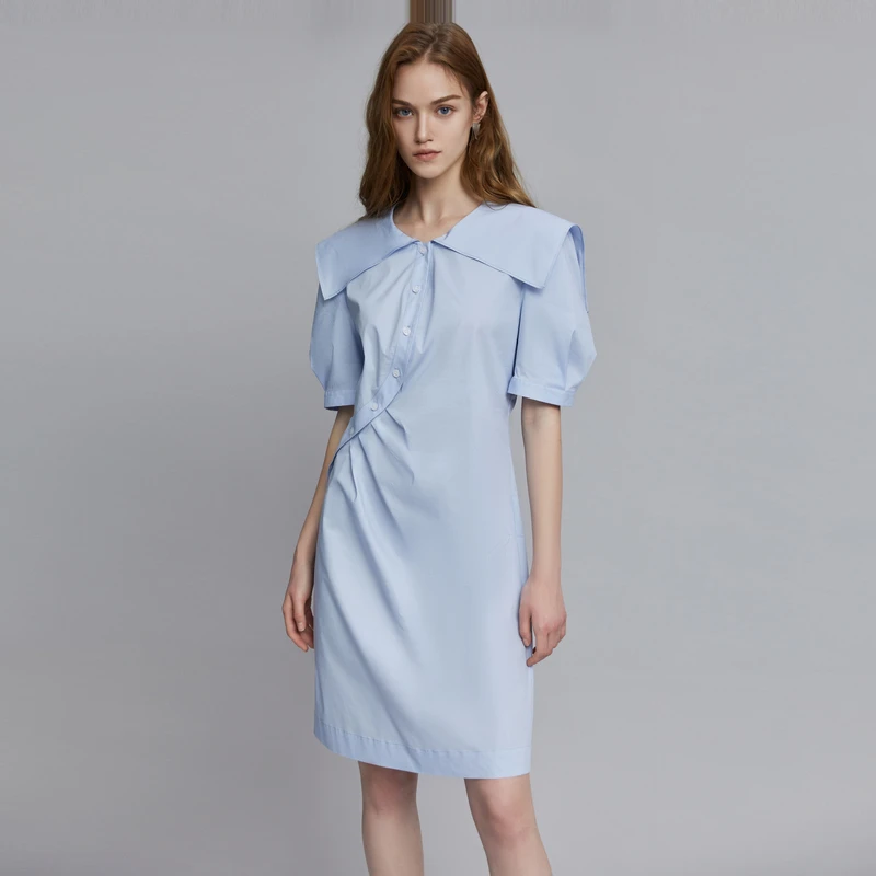 【大叔女装】ELLE气质夏季时尚宽松法式收腰翻领显瘦连衣裙EL35150