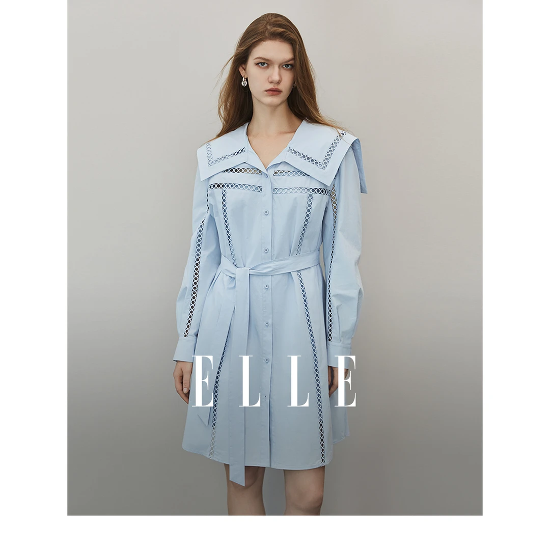 ELLE法式长袖高端连衣裙女装2023秋季新款小众海军领裙子EL35358