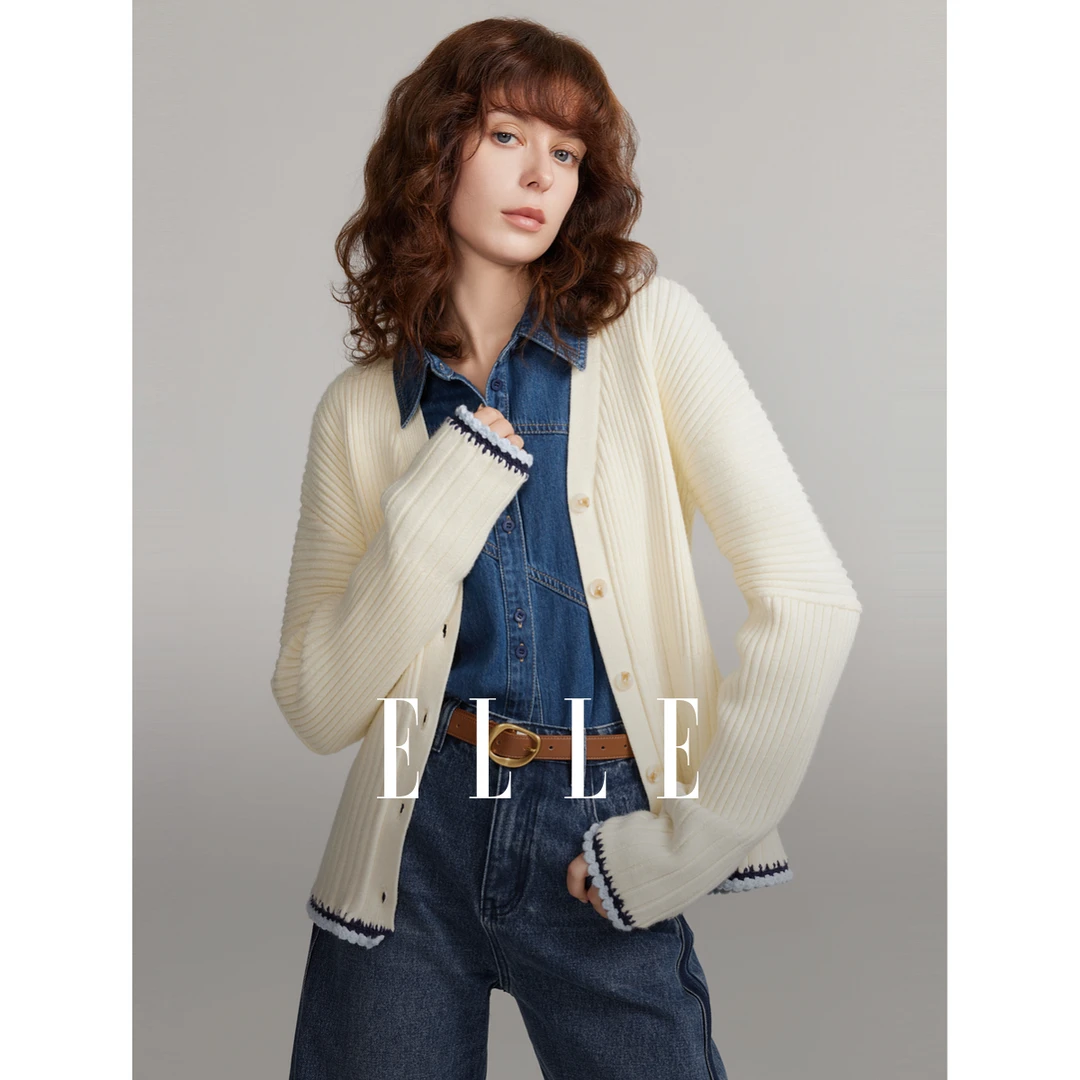 ELLE简约百搭撞色毛针织衫2024冬季新款雅丹风设计感宽松EZ40097