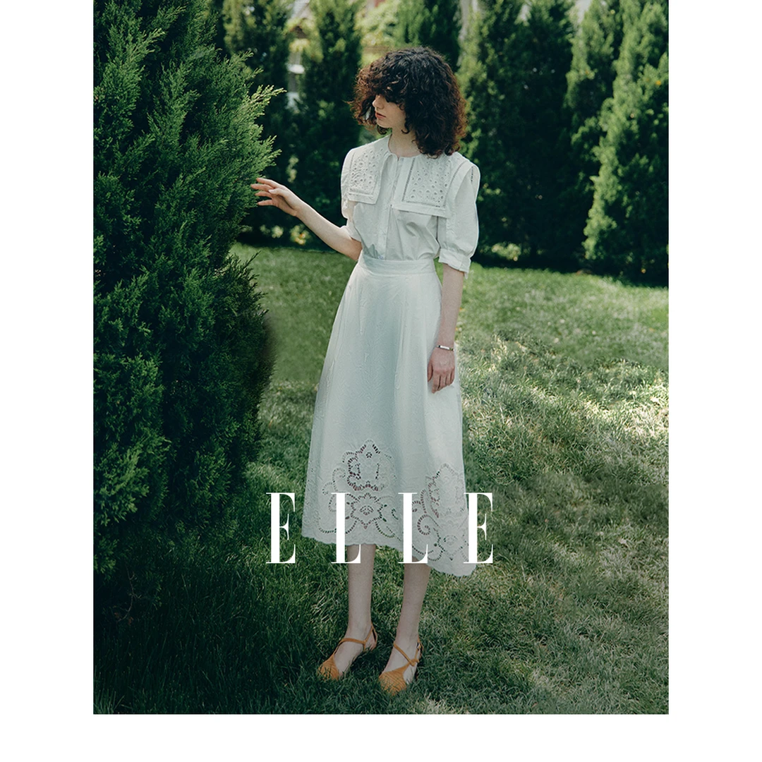 ELLE女装白色法式镂空半身裙2023夏季新款半裙薄款a字裙子ER34642