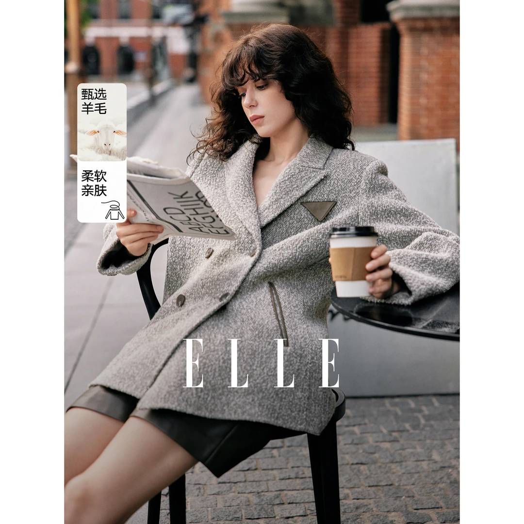 ELLE绵羊毛混纺西装领双面呢大衣女2024冬装新款小个子EN49405