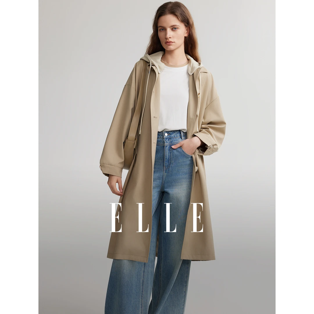ELLE百搭连帽风衣外套2025春季新款风感波粒气质中长款ED49202