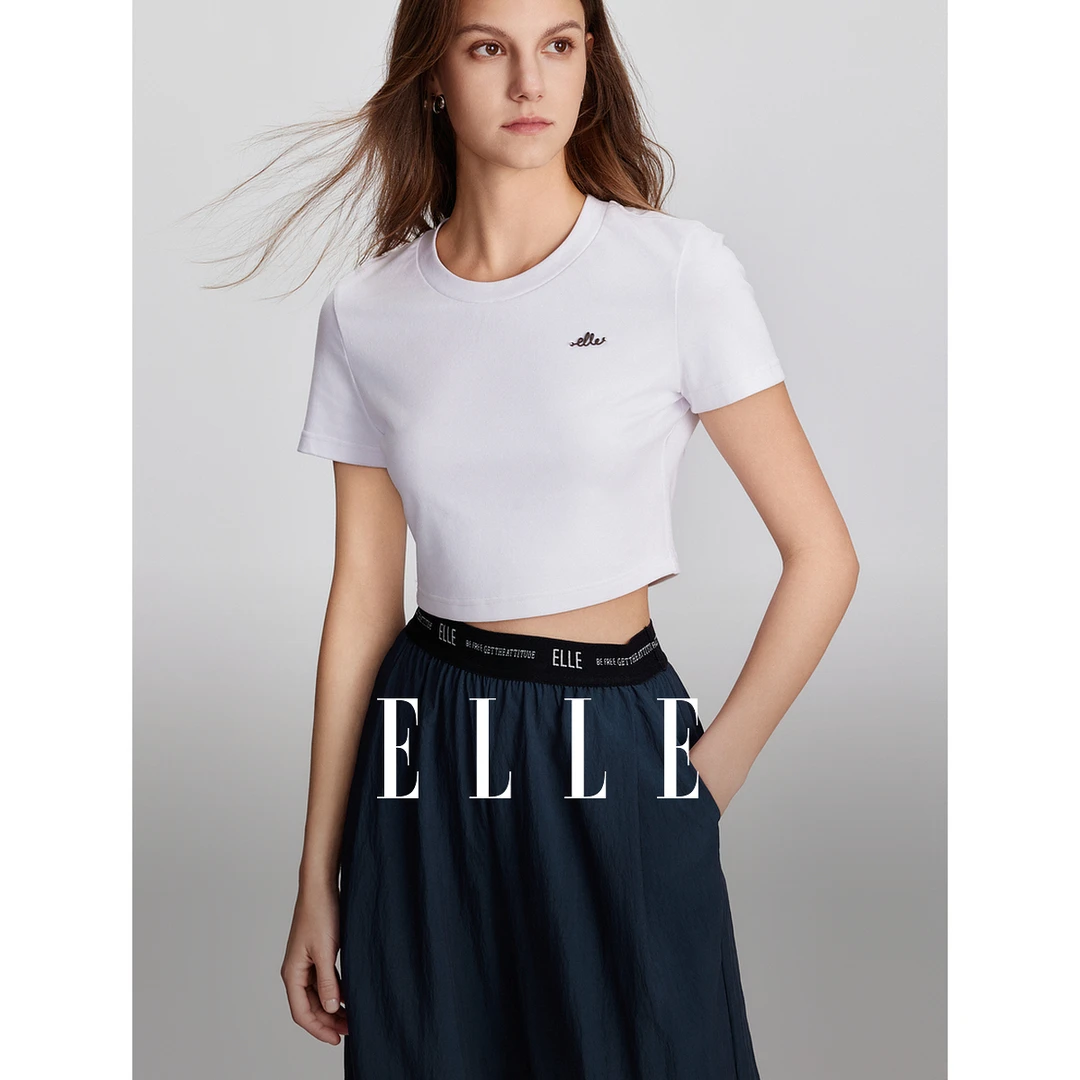 ELLE时尚短款圆领短袖女T恤2024夏季休闲透气修身露脐上衣ET47576