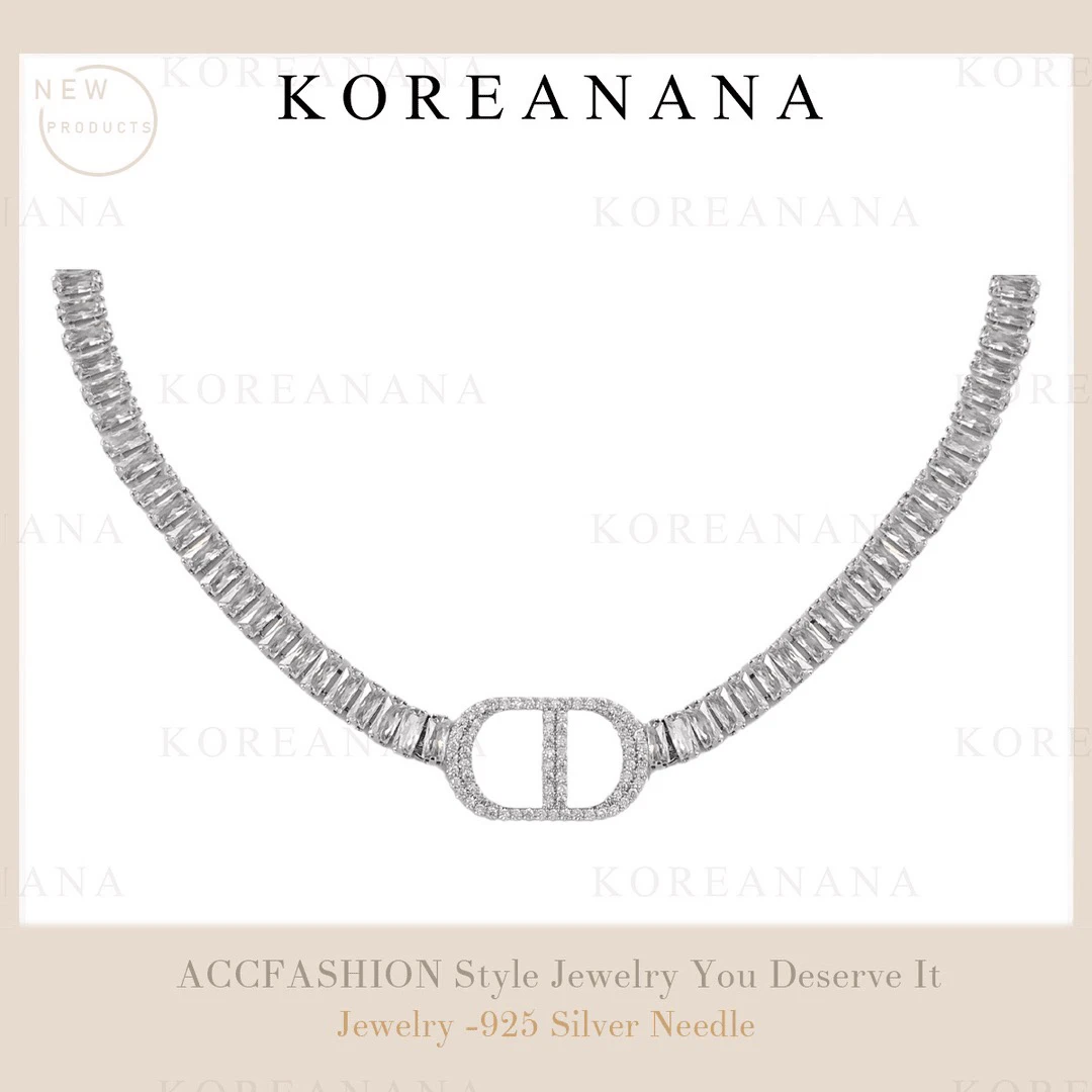 铜合金合成锆石项链 镀K金 轻奢猪鼻子字母古巴链条锆石项链E091