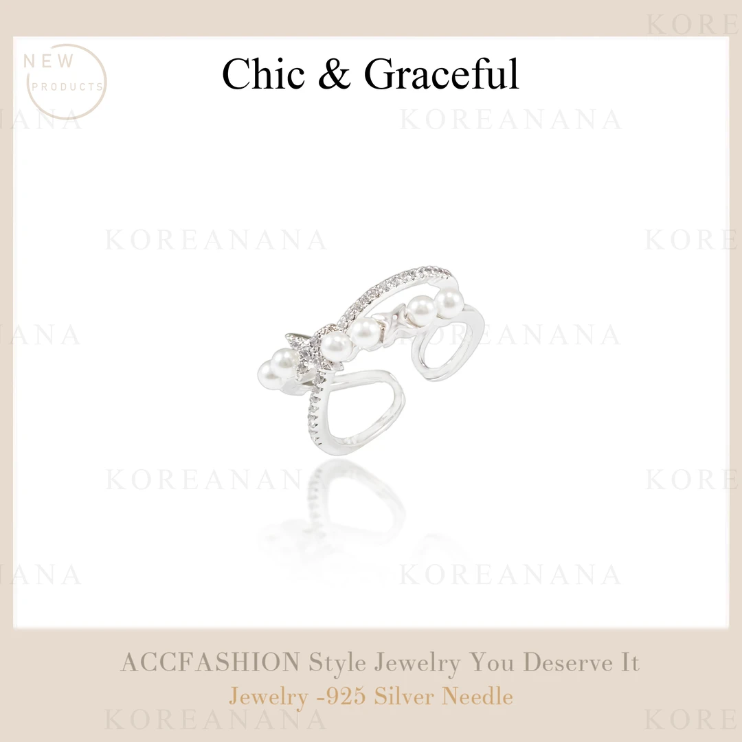 铜合金仿珍珠戒指   轻奢交叉锆石星星珠珠开口戒指D068